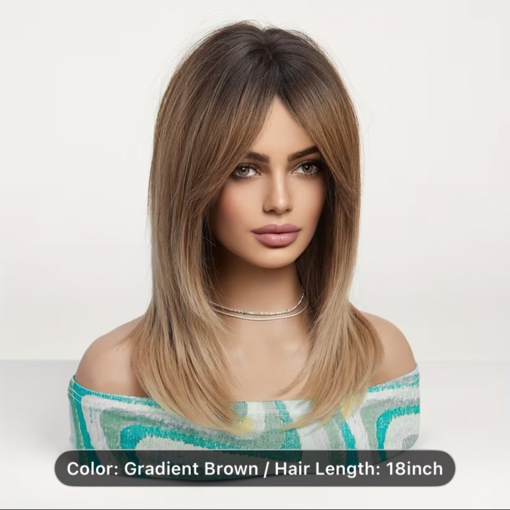 18-inch Women's Elegant Gradient Brown Bangs Layered Wig, Synthetic Fiber Wig .
